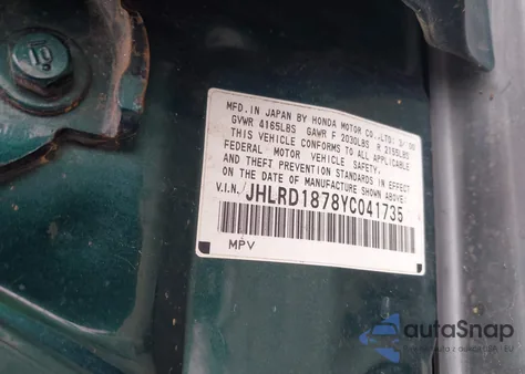 2000 Honda Cr-V Special Edition from USA, damaged, VIN JHLRD1878YC041735